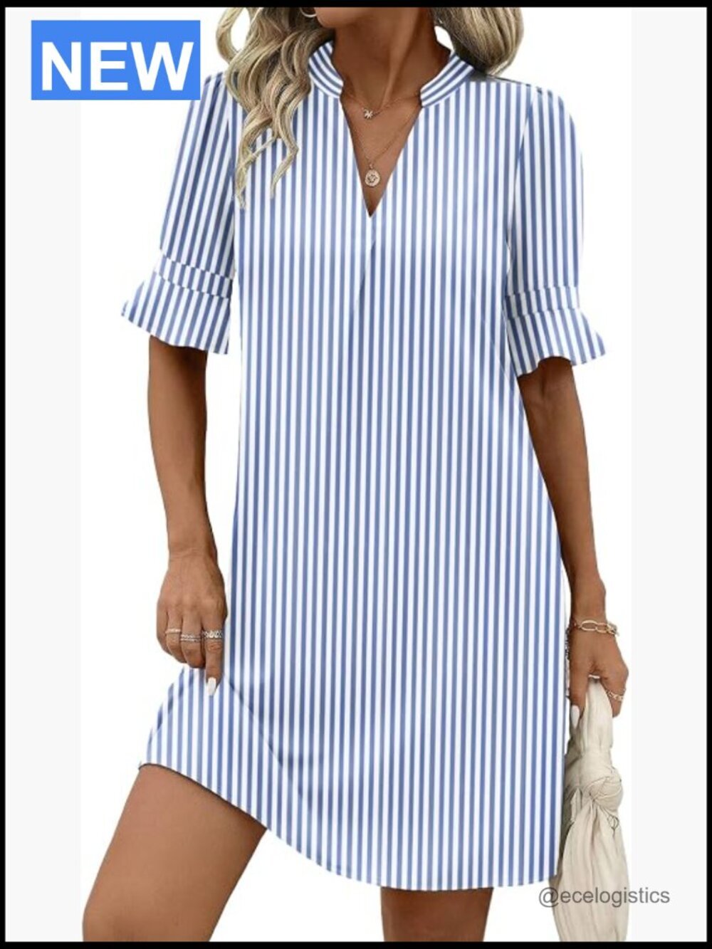 V Neck Ruffle Sleeve Shift Dress with Pockets